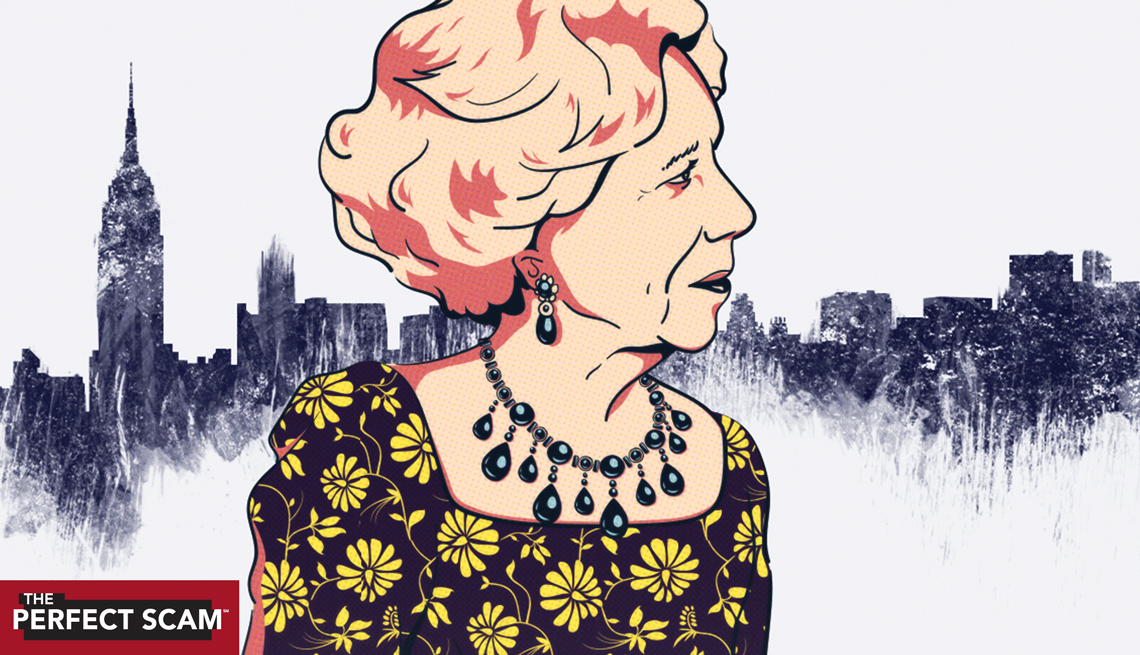 an illustration shows Brooke Astor, in a flowery dress with jewels around her neck, in front of a black and white rendering of the New York City skyline