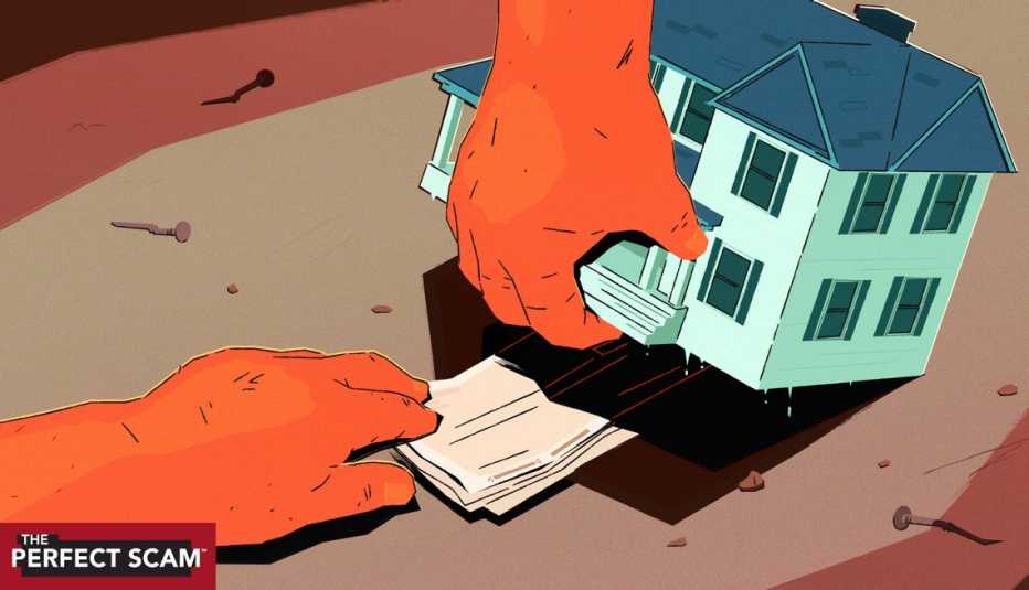 a hand lifiting up a home stealing money under it