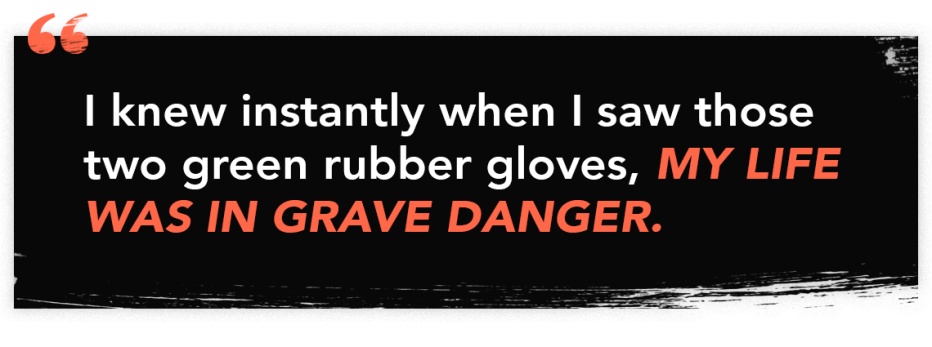 a graphic quote that reads "I new instantly when I saw those two green rubber gloves, my life was in grave danger. a graphic quote that reads "I new instantly when I saw those two green rubber gloves, my life was in grave danger.