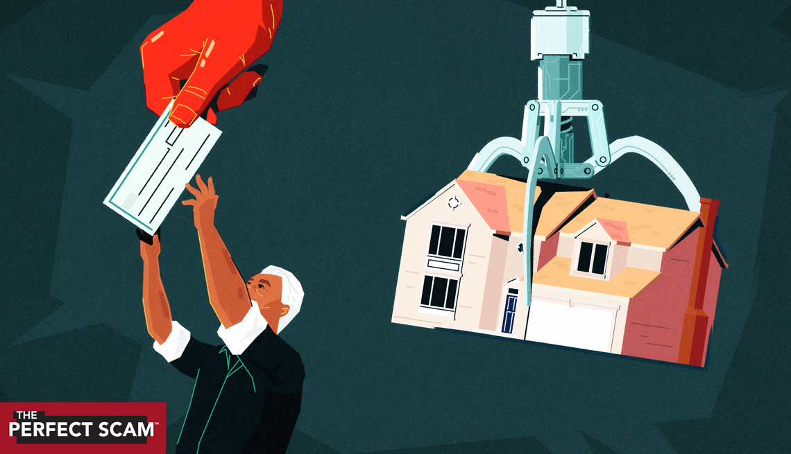 illustration of a man grabbing for a check being held by a large hand above him, in the background a machine claw is lifting away a house