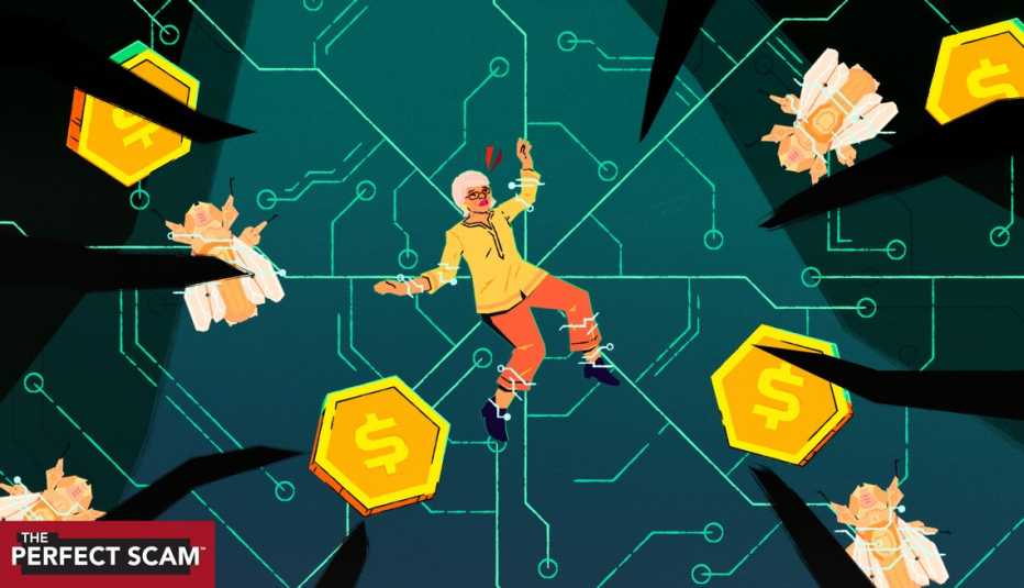 A graphic illustration shows an older adult woman being pulled apart by her limbs on a computer circuit board with giant insects flying around. There are also money symbols on pentagon-shaped chips strewn about