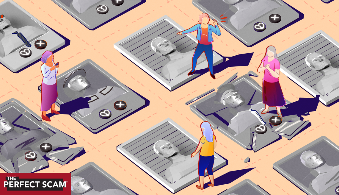 illustration of four women pointing at pictures of men
