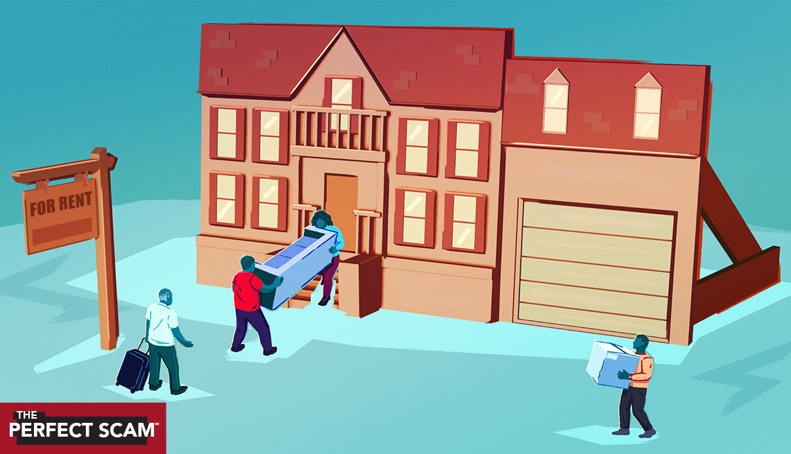 people moving into a cardboard fake house