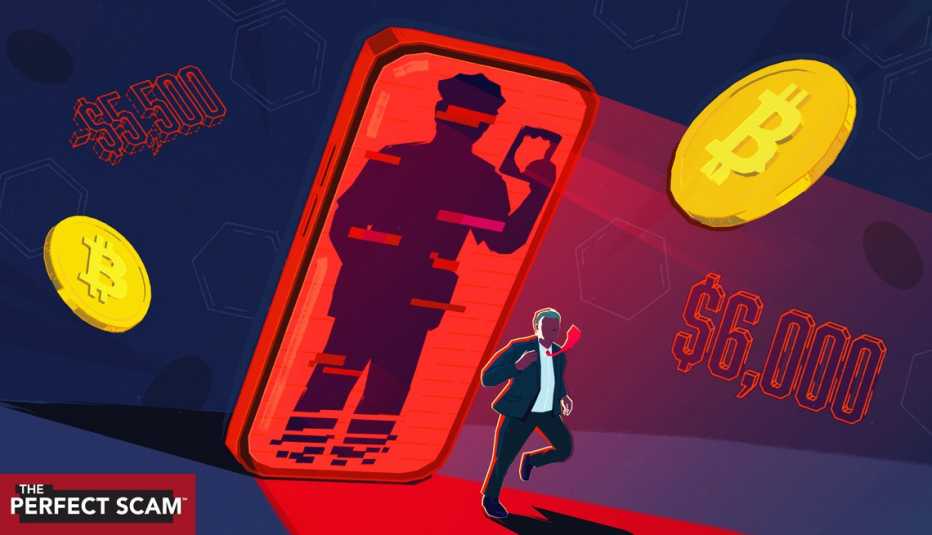 a man is running away from an outline of a police officer inside a glowing red smartphone