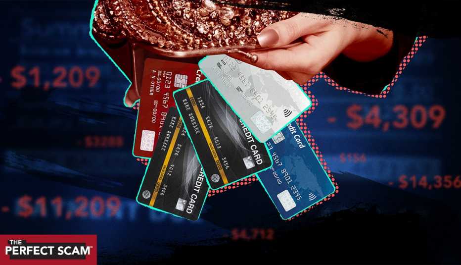 a bunch of credit cards falling out of a woman's hands