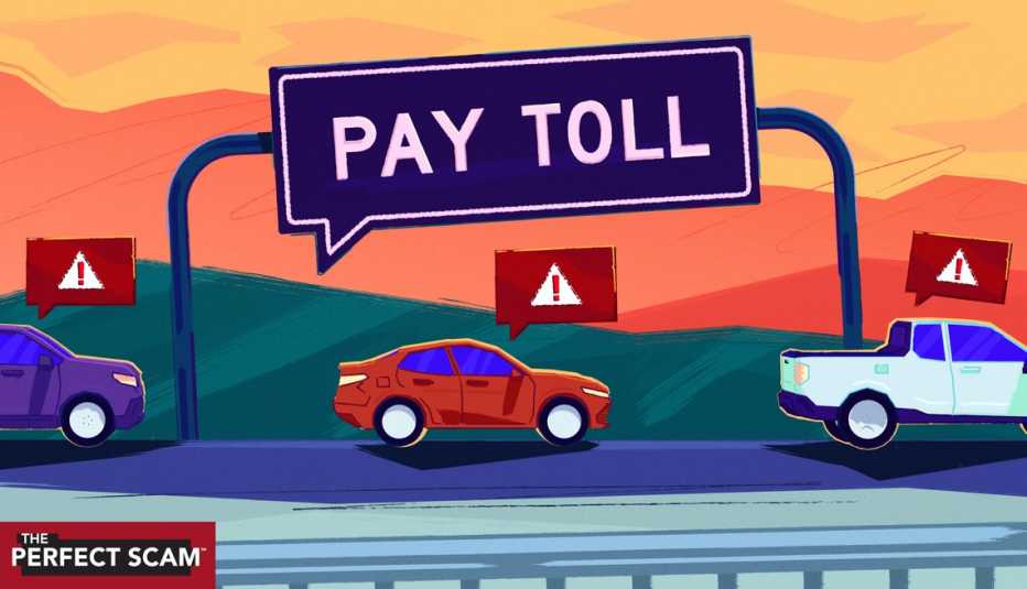 cars driving on a toll road with a sign above them and scam alert symbols above the cars