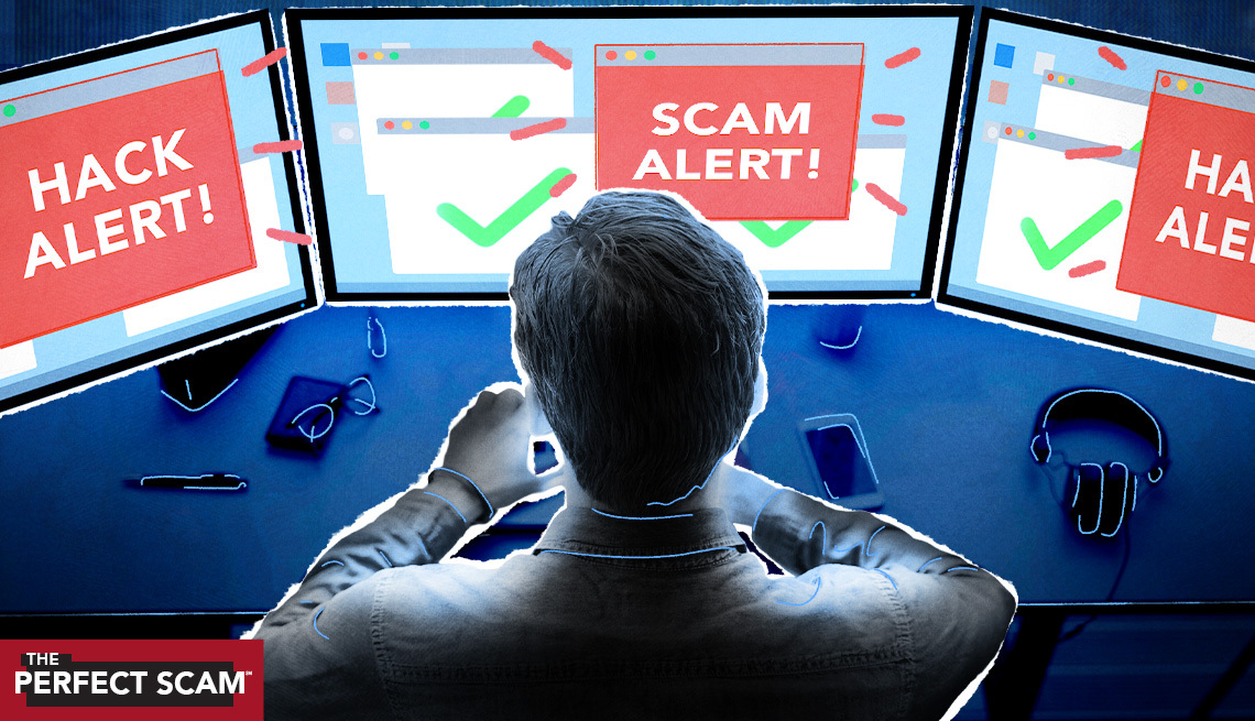 a man sitting in front of computer screens with "scam alert" text on each screen