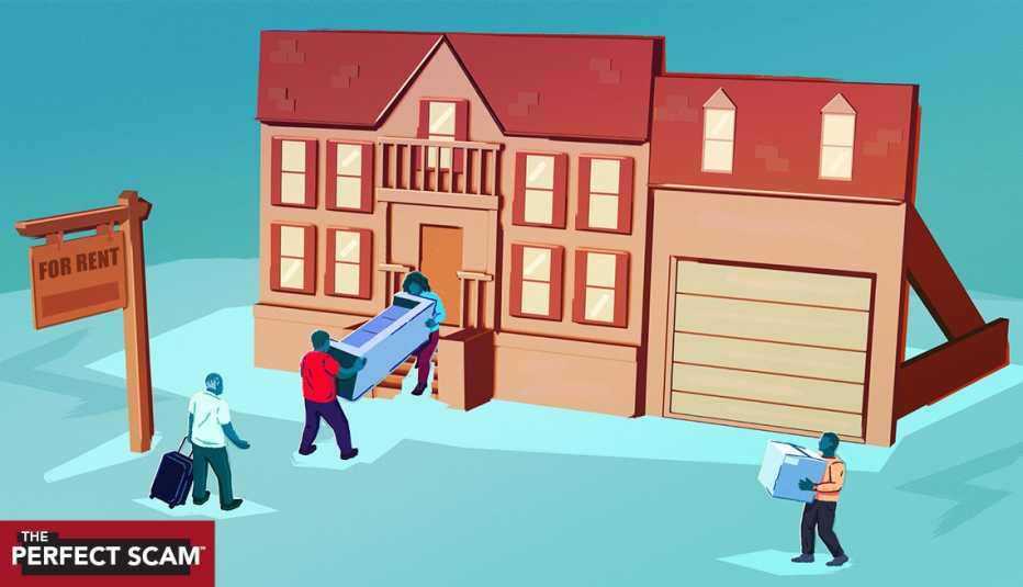 people moving into a cardboard fake house