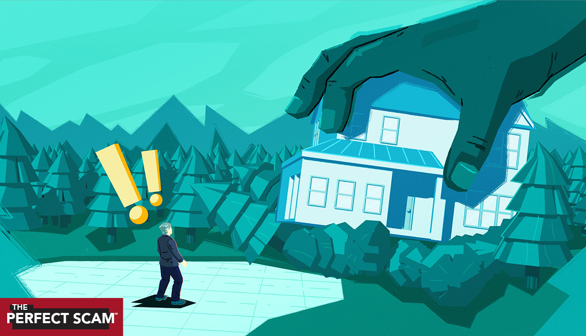 a man looking surprised to see a house being placed on a piece of land