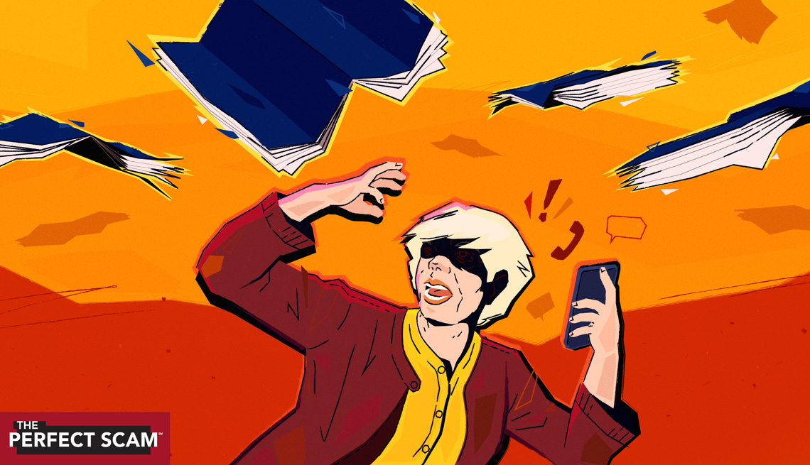 a woman screams while on the phone and being attacked by flying magazines