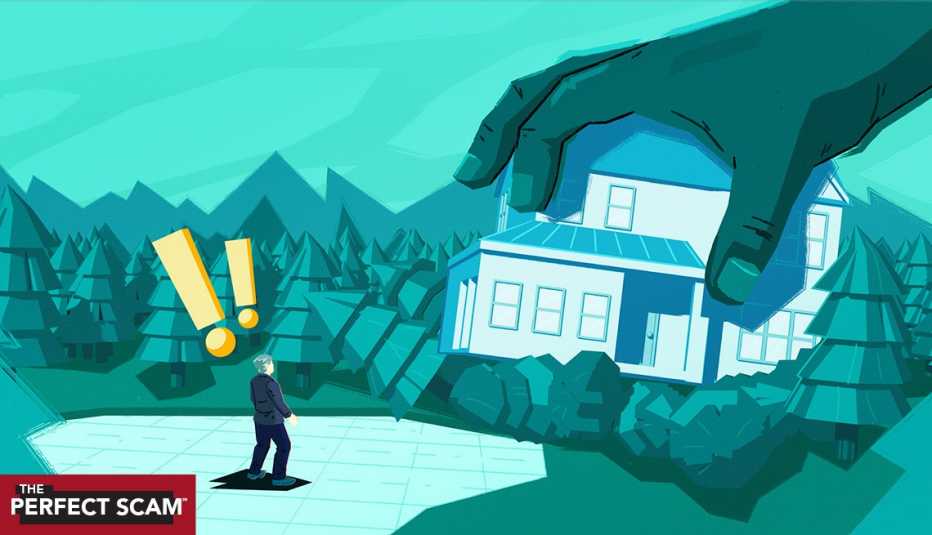 a man looking surprised to see a house being placed on a piece of land