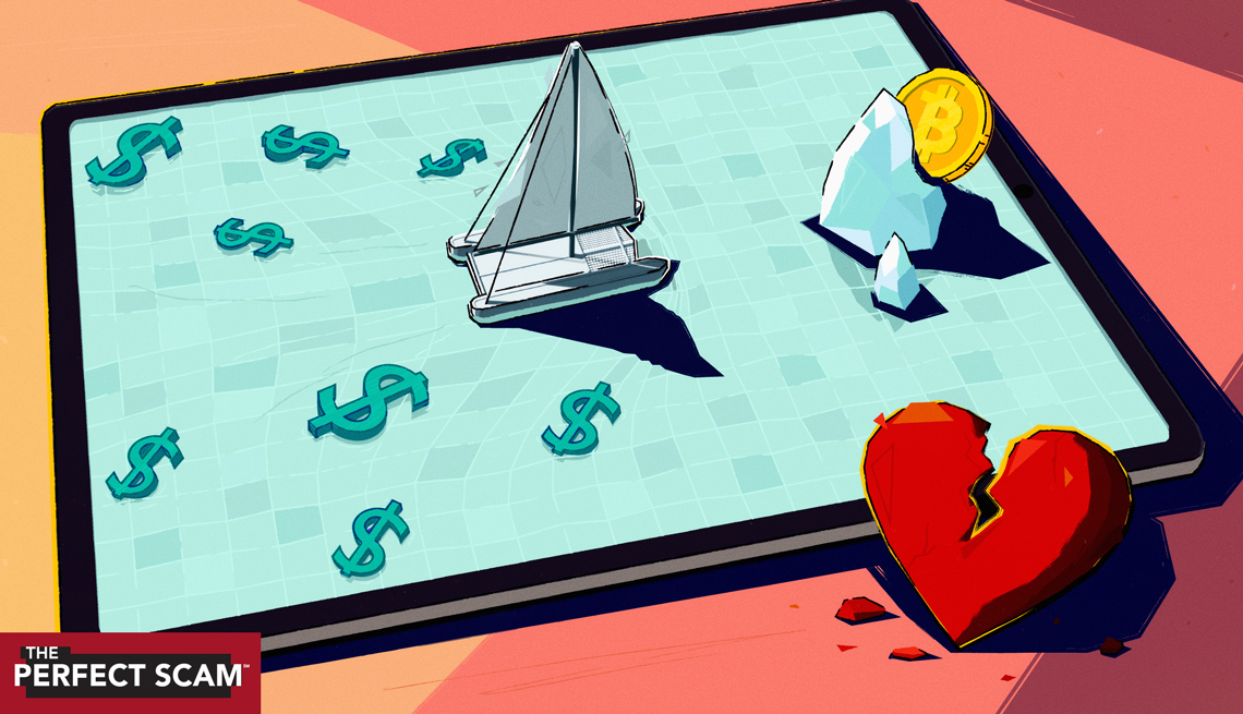 a boat with dollar signs and a broken heart with a crypto logo