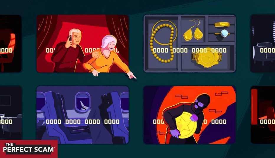 an elderly couple is on the phone and pointing at a masked criminal 
