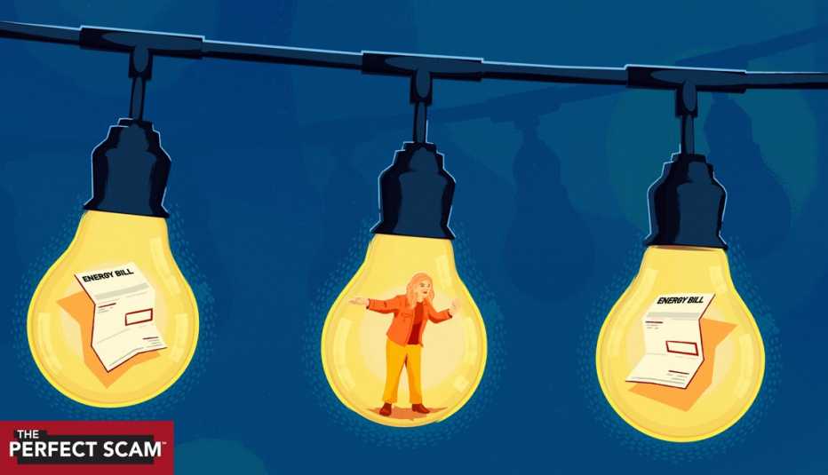 a woman and two bills are inside three light bulbs