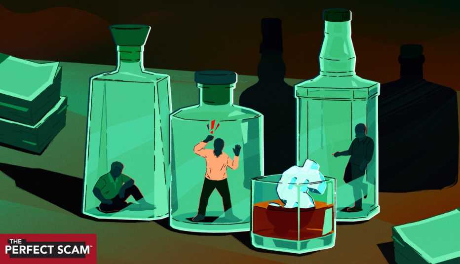 people trapped inside of empty whiskey bottles