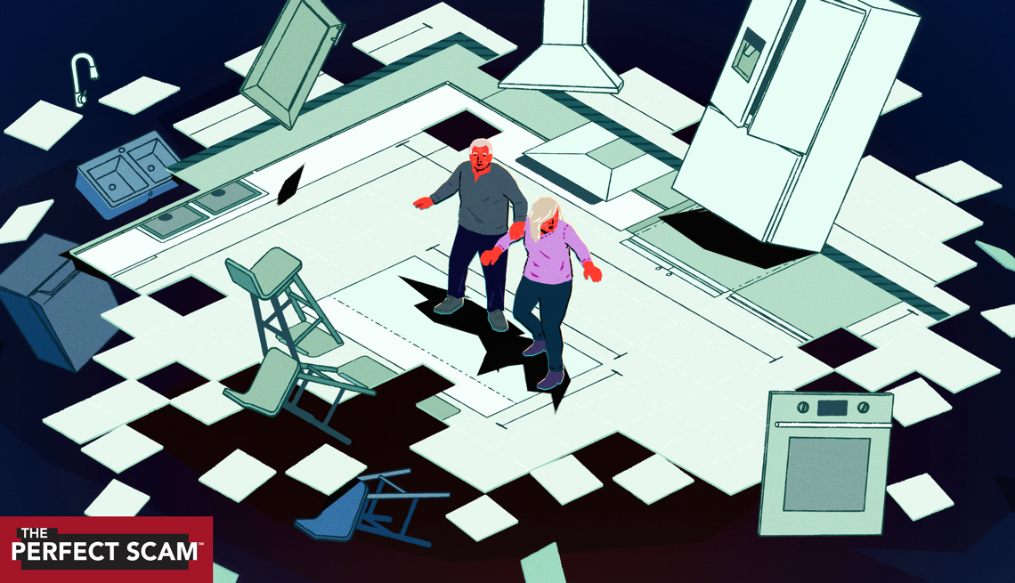 a couple in the middle of a destroyed kitchen
