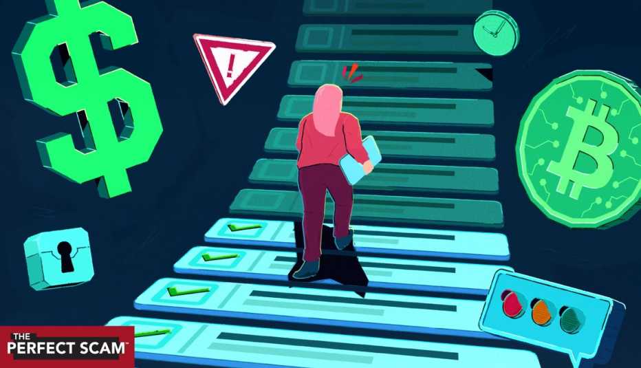 A graphic illustration shows a woman walking on a conveyor belt with a dollar sign and bitcoin symbol on the periphery.