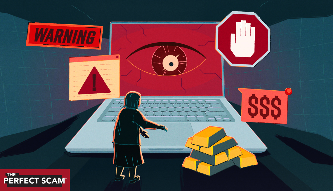 An illustration shows an older woman looking at a giant laptop with symbols of money surrounding her.
