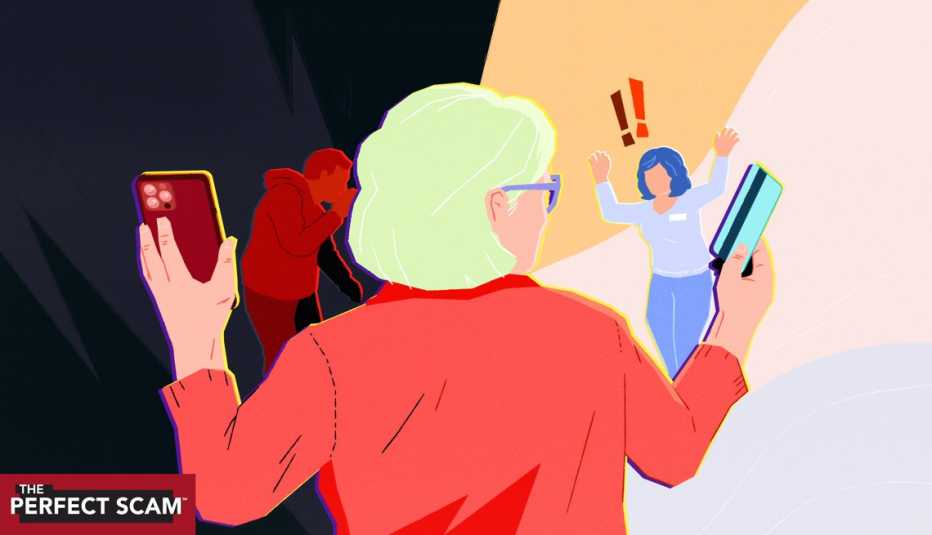 a graphic illustration shows a  woman with a smartphone in her left hand and credit card in the right hand. In front is a woman with her hands up, exclamation points above her head. Also in front of her, in shadow, is a man in a hoodie whispering to someone.