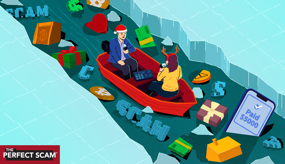 a graphic illustration shows a man and a woman, wearing a santa hat and deer antlers, podcasting inside a canoe, heading downstream amid floating icons representing different scams