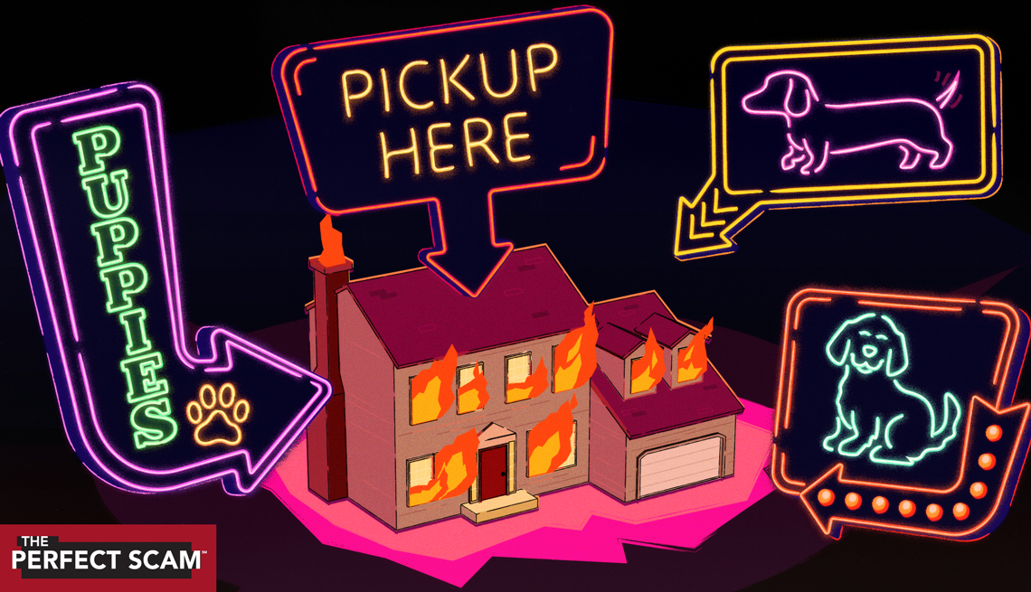 From Puppies to Heartbreak: How a Pet Scam Targets One Man’s Home an illustration shows a house on fire with neon puppies and pick up here signs
