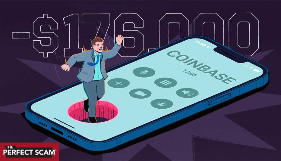 a graphic illustration shows a man in a business suit getting sucked into a smartphone during a call to coinbase
