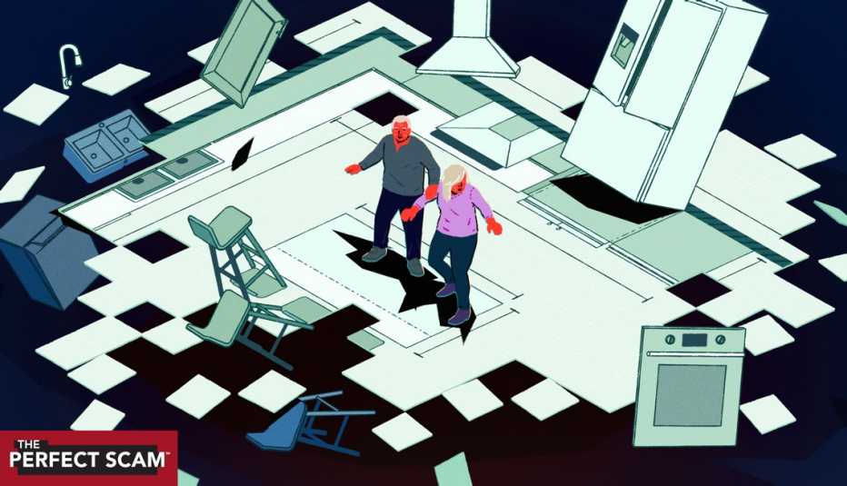 a couple in the middle of a destroyed kitchen