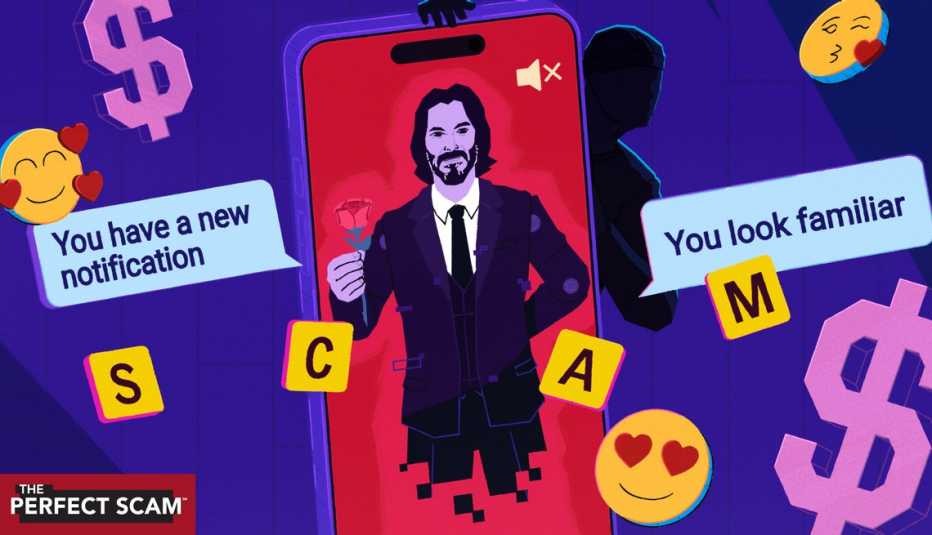 Outside the phone are various emojis, notification windows and dollar signs.