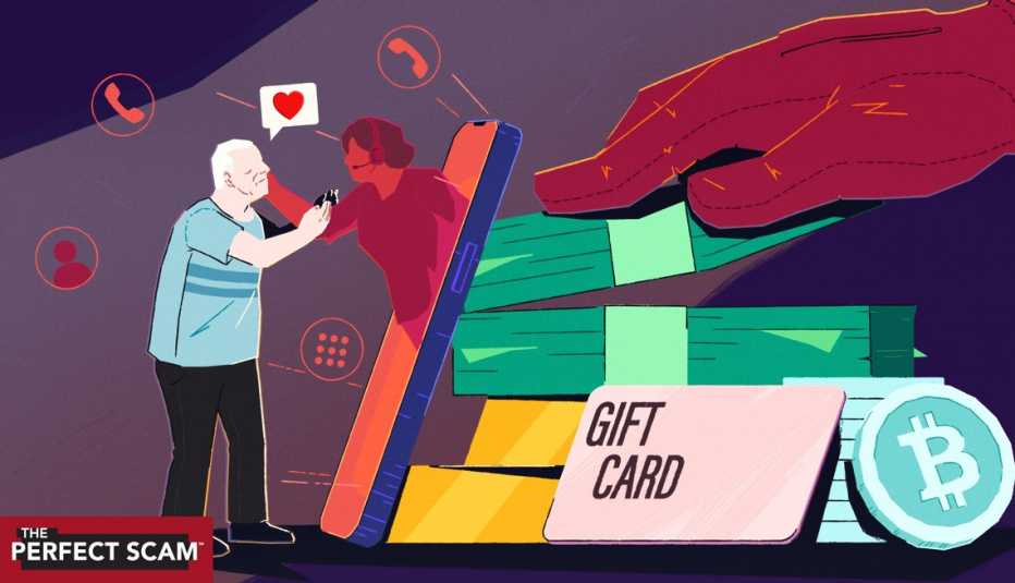 Art alt: a graphic illustration shows an older adult man reaching out to a female operator emerging from a giant smartphone. Behind the smartphone are giant stacks of cash, gold bars and bitcoin