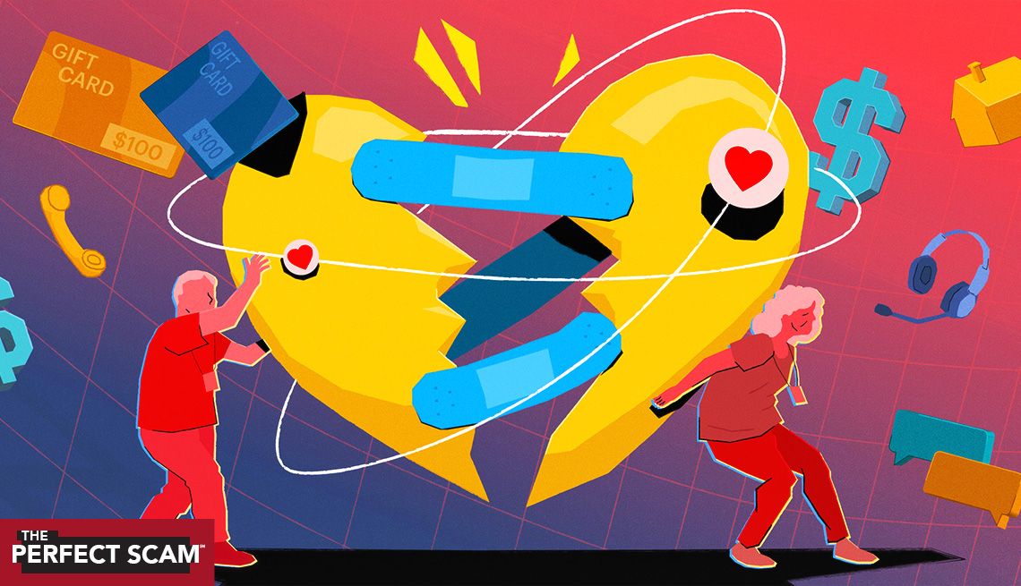 a graphic illustration shows two hospital workers trying to hold together a giant yellow broken heart, which has two blue band aids attached. In the back ground are dollar signs, gift cards, a telephone receiver and a house piece from Monopoly.