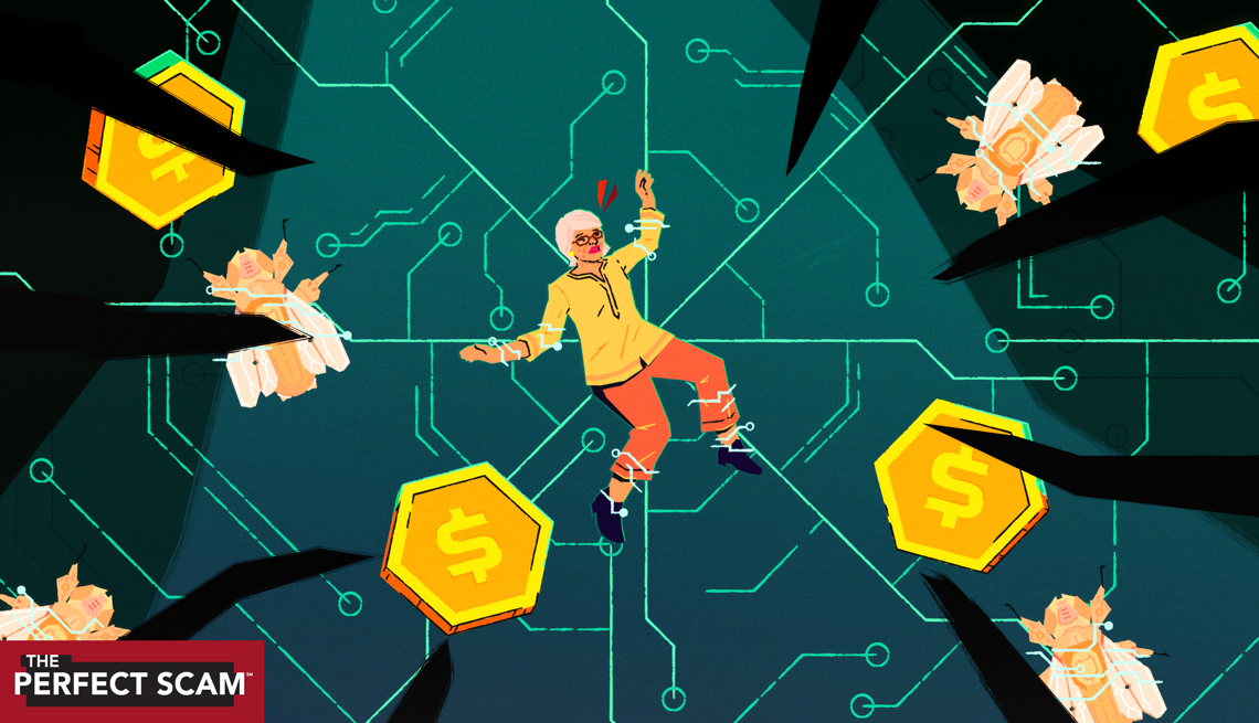 A graphic illustration shows an older adult woman being pulled apart by her limbs on a computer circuit board with giant insects flying around. There are also money symbols on pentagon-shaped chips strewn about