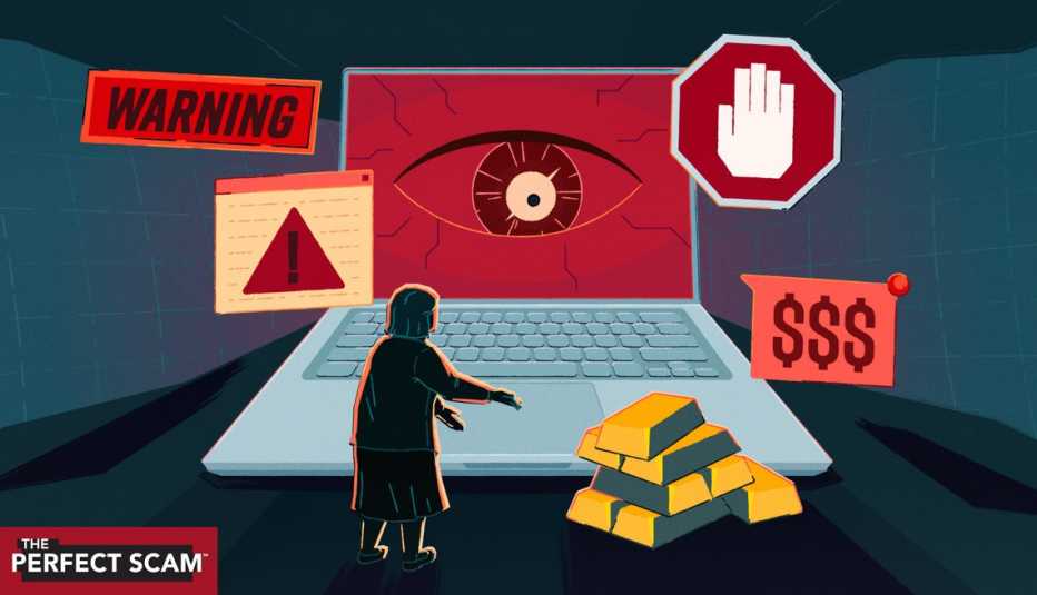 An illustration shows an older woman looking at a giant laptop with symbols of money surrounding her.