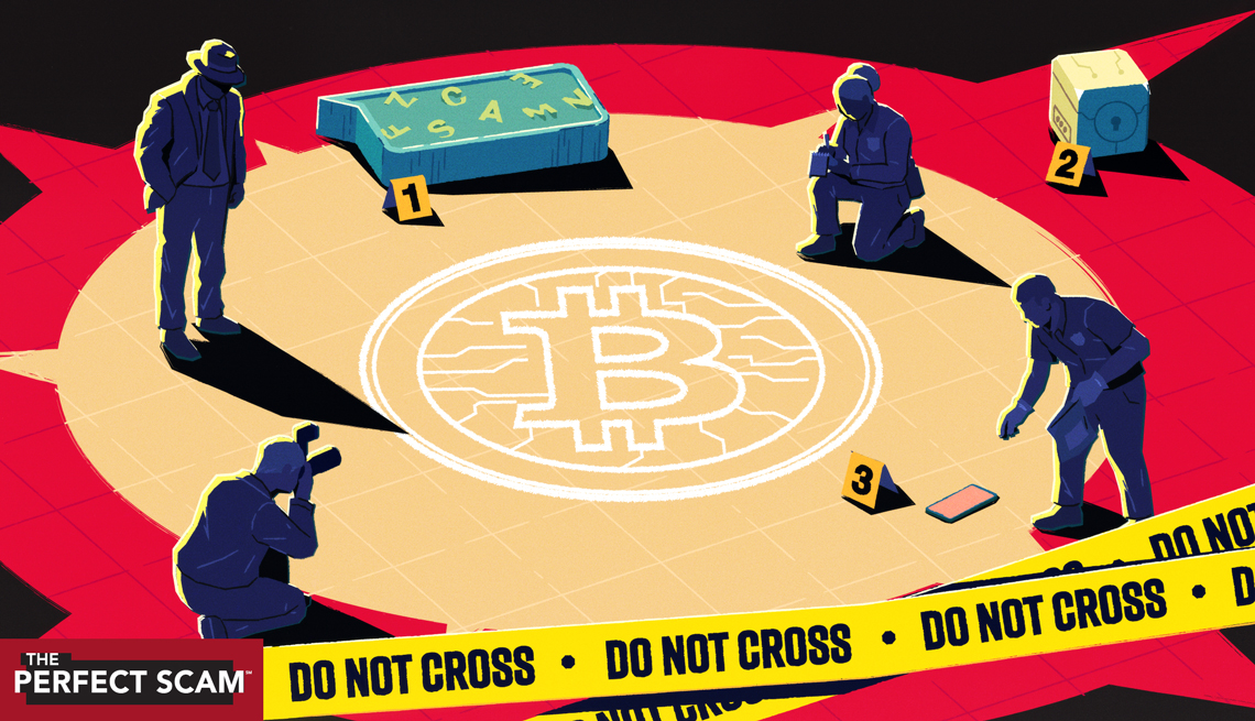 a graphic illustration shows silhouetted investigators at a crime scene, represented by a white outline of a giant bitcoin symbol
