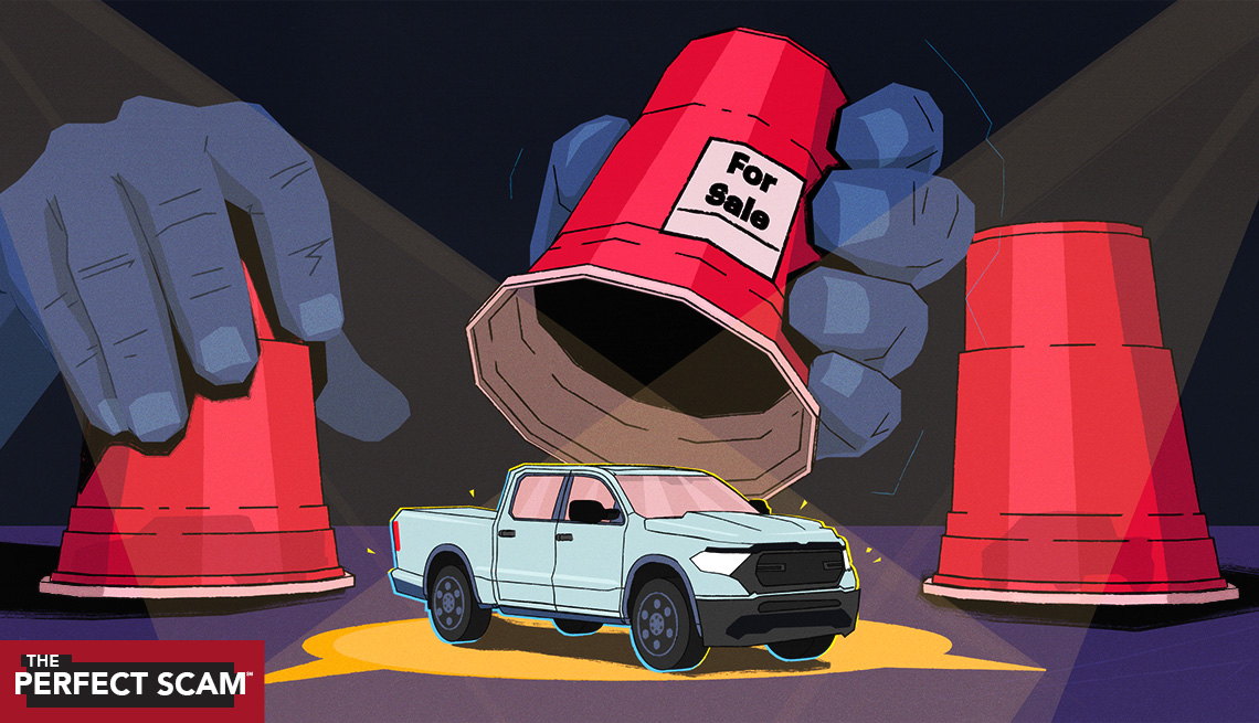 A graphic illustration shows a man’s giant hands moving three plastic cups around. One has a for sale sign on it and he is placing it over an extended cab truck.