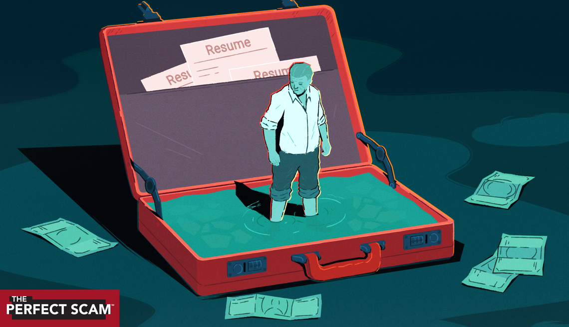 a graphic illustration shows a man standing inside a briefcase full of water, looking out at lost cash