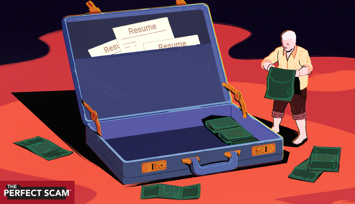a graphic illustration shows an older adult folding money like its laundry, placing it inside a giant briefcase