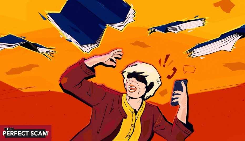 a woman screams while on the phone and being attacked by flying magazines