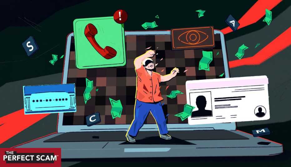 a scam victim with various icons of a scam