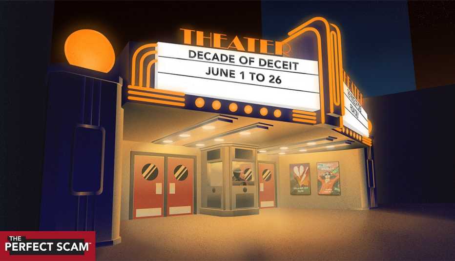 a movie theatre is shown in a graphic illustration. On the marquee it says: Decade of Deceit