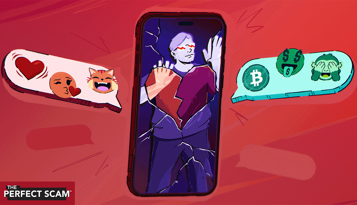 an illustration shows a man trapped inside a smartphone, with a broken heart symbol superimposed over his body. 