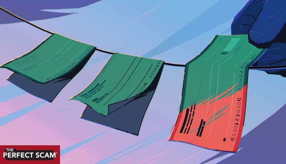 an illustration shows wet checks being hung out to dry on a laundry line