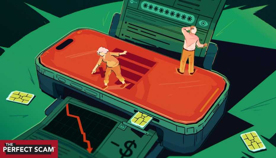 a graphic illustration with a forced 3/4 perspective shows two older adults atop a giant smartphone, which is spitting out SIM cards