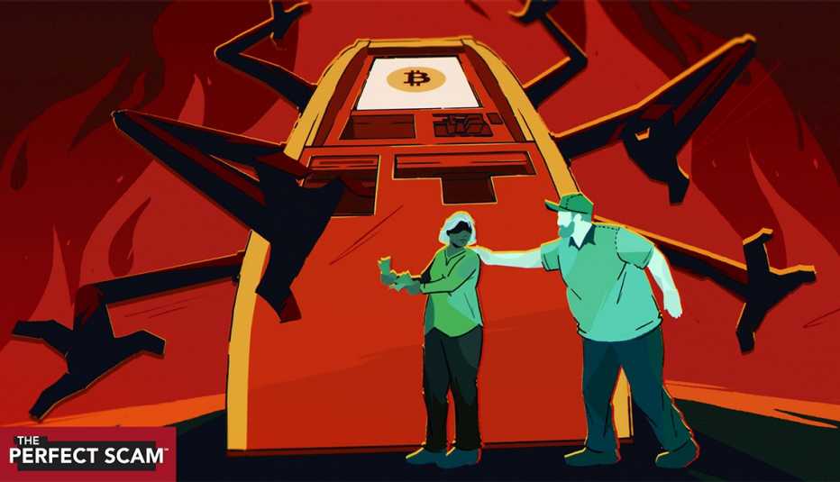 an illustration shows a gas station employee stopping a woman from putting cash into a giant, tentacled crypto kiosk