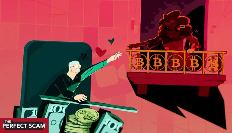 an illustration shows an older adult man at a mantle of money reaching up toward a castle’s balcony where a digitized woman, gripping a balcony rail adorned with bit-coin symbols, tries to reach back to him, Romeo and Juliet style. 