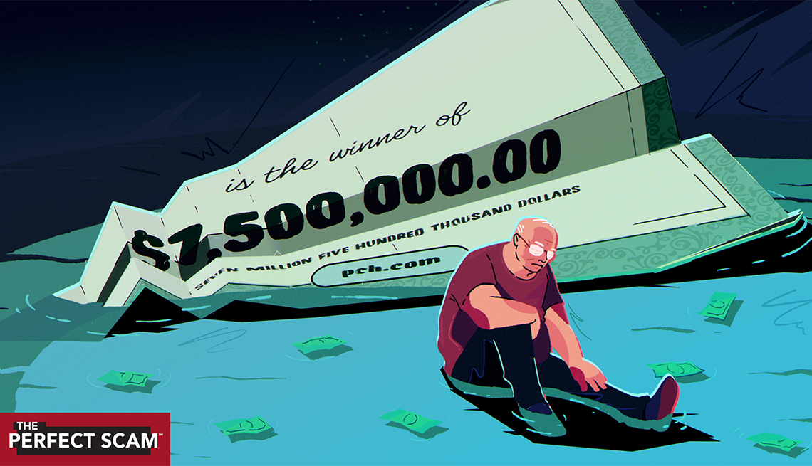 an illustration shows an older adult male sitting down in dejection. Around him are scattered dollars. Behind him is giant sweepstakes winner notification, shaped into a paper airplane