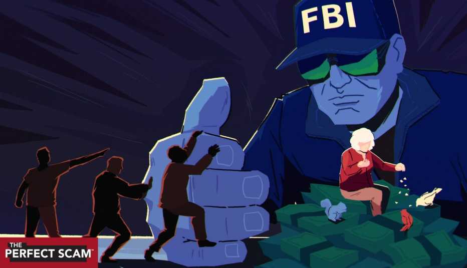 an illustration shows a giant FBI agent shielding an older adult woman with his giant hand from three shadowy figures. The woman is sitting on a pile of cash.