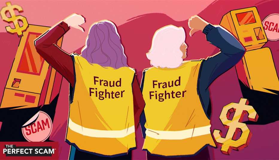 a graphic illustration shows two older adult woman wearing vests with fraud fighters on the back surrounded by two crypto kiosks