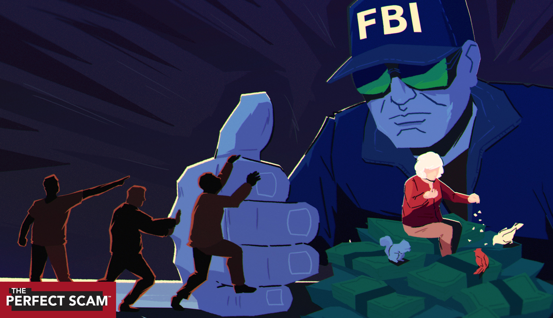 an illustration shows a giant FBI agent shielding an older adult woman with his giant hand from three shadowy figures. The woman is sitting on a pile of cash.