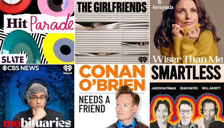 from left to right top to bottom podcast covers for hit parade then the girlfriends then wiser than me then mobituaries then conan obrien needs a friend then smartless