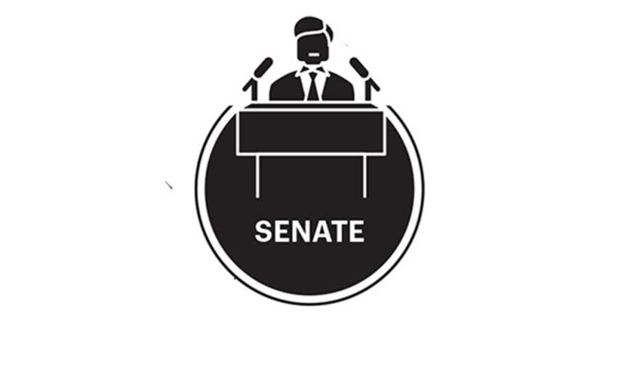 Black and white circle drawing of man in jacket and tie at podium with two microphones